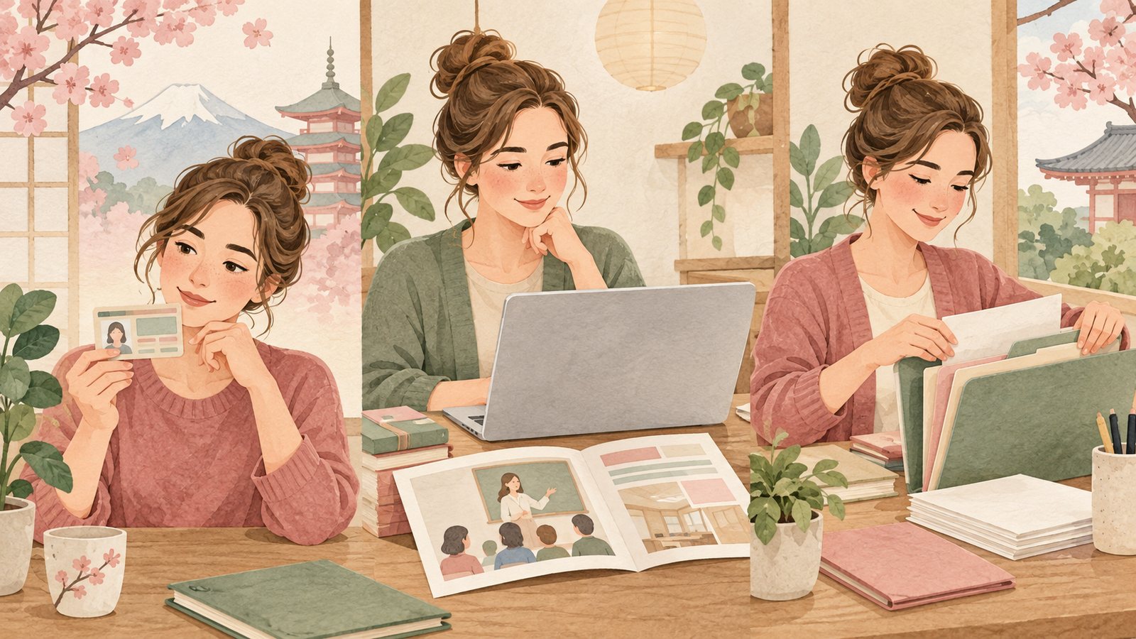 Illustration of checking a residence card, teaching duties and application documents