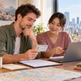 Applicant reviewing residence status and English teaching job details in Tokyo