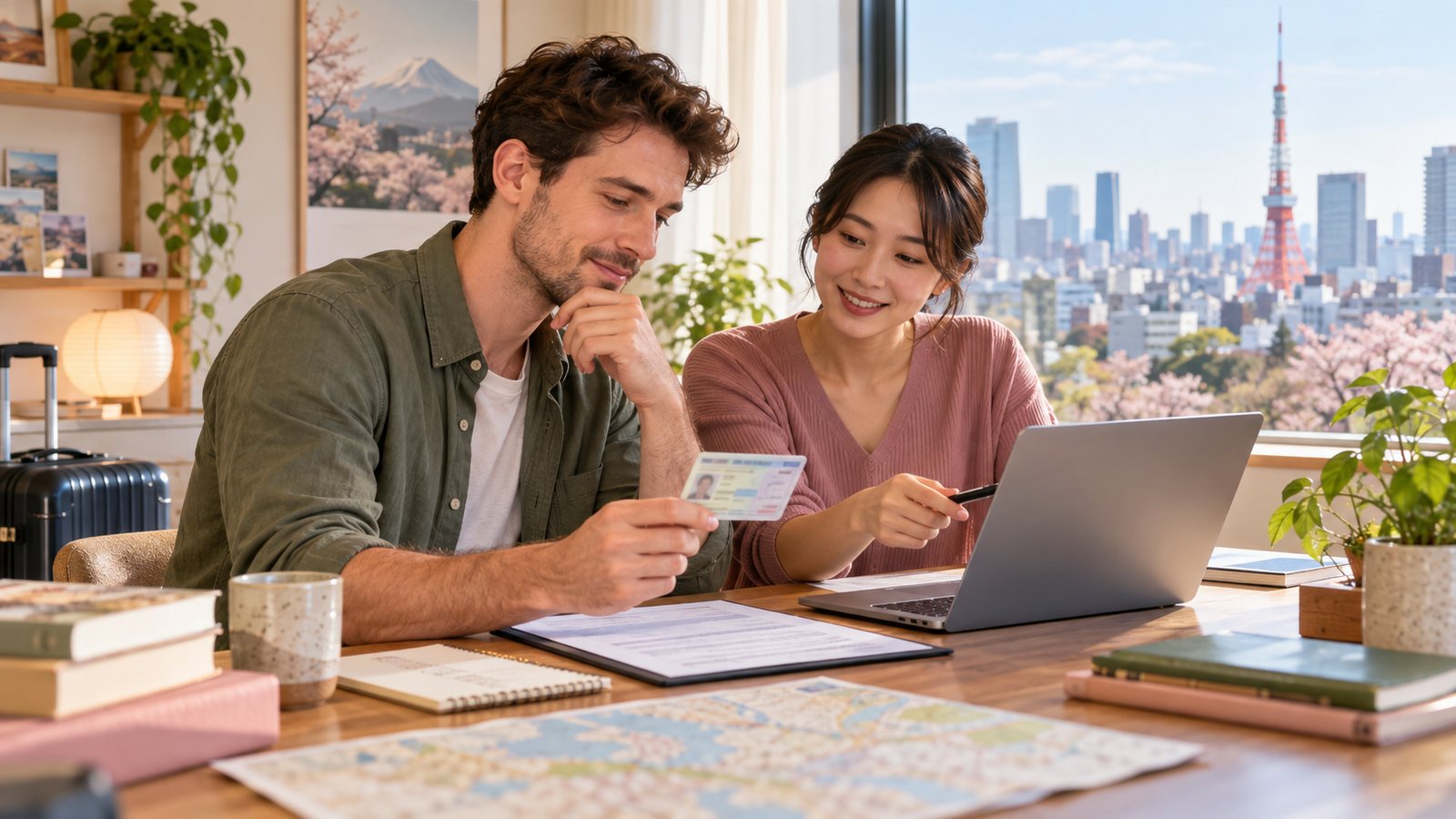 Applicant reviewing residence status and English teaching job details in Tokyo