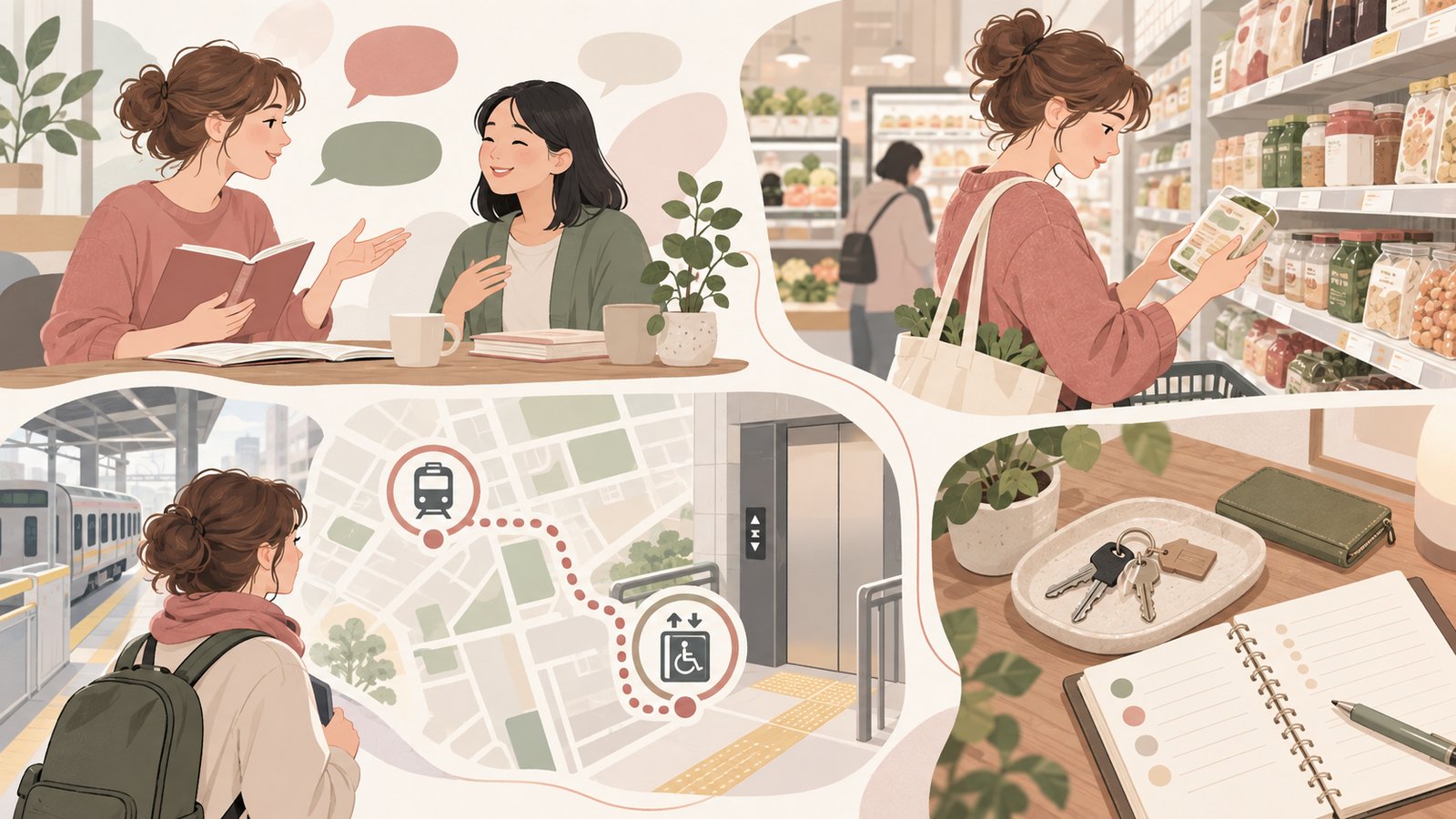 Illustration of planning for language, food ingredients, a step-free route, and housing before teaching in Japan