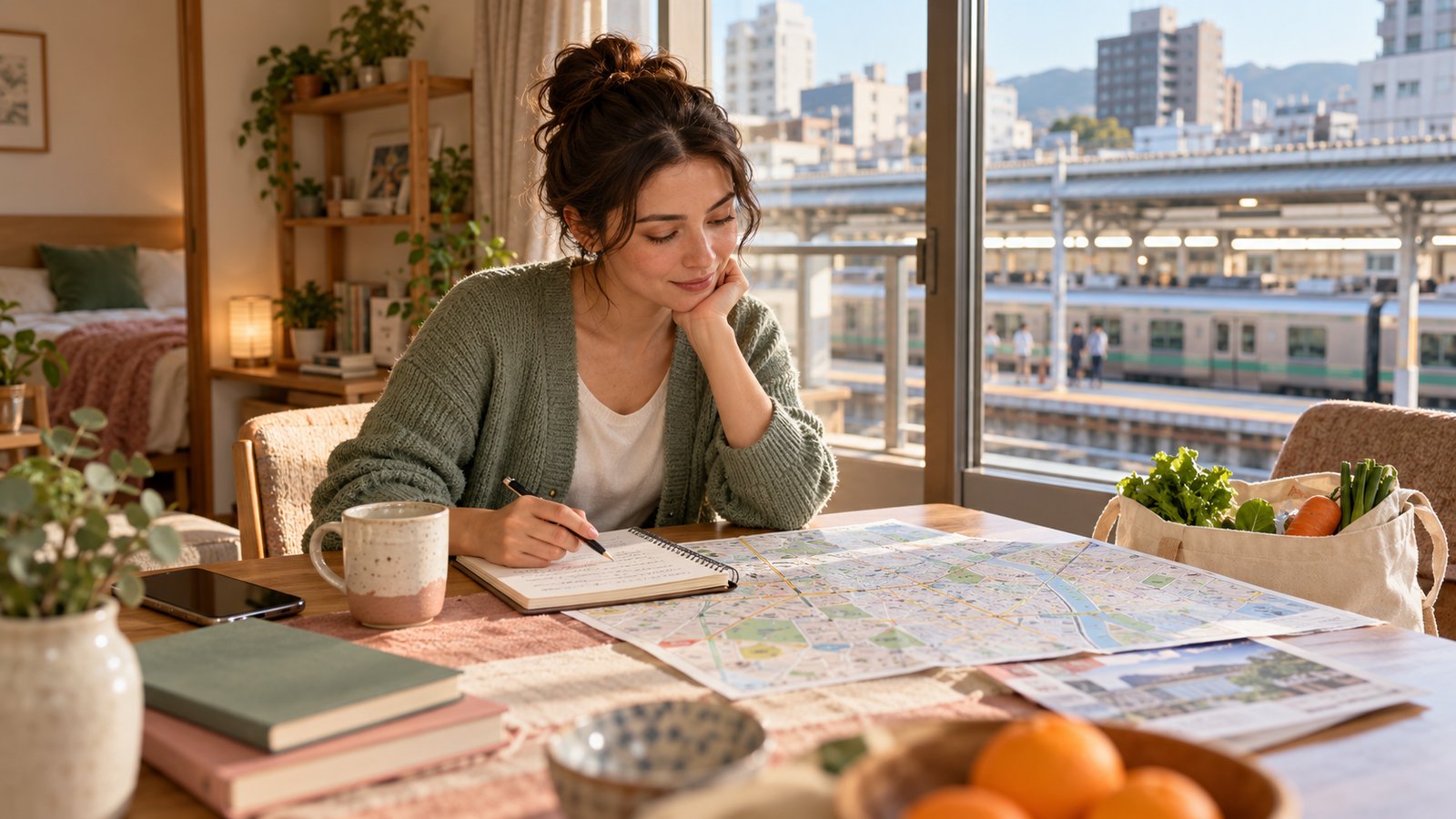 Prospective English teacher planning a neighborhood and commute in Japan