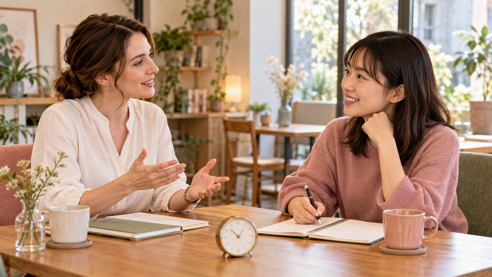 One-to-one English lesson with a discreet clock on the table
