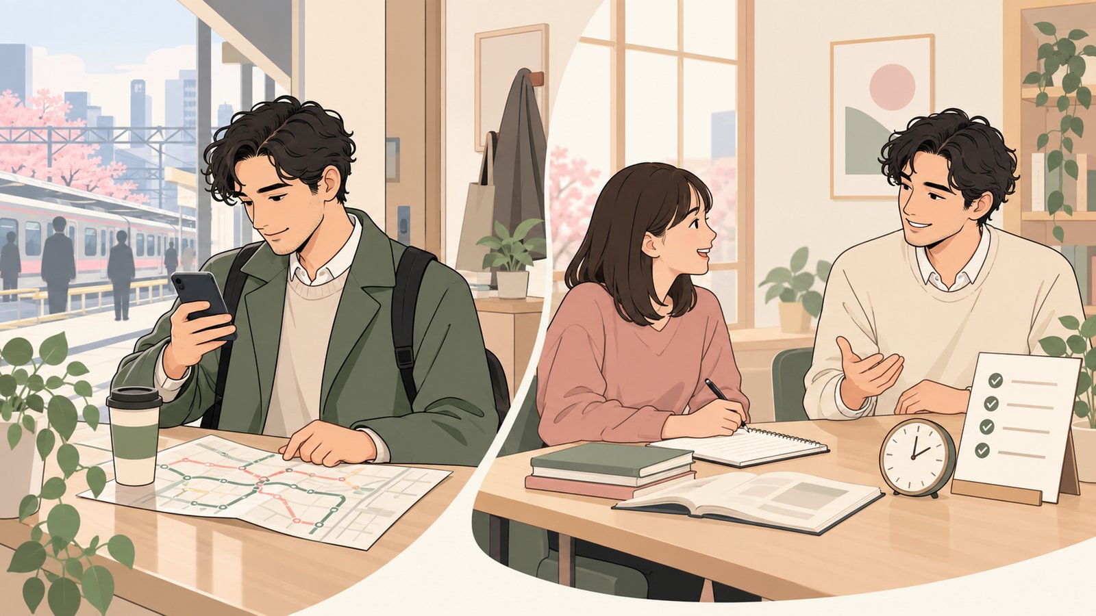 Illustration of an instructor checking a commute and closing a one-to-one English lesson with a next-step note