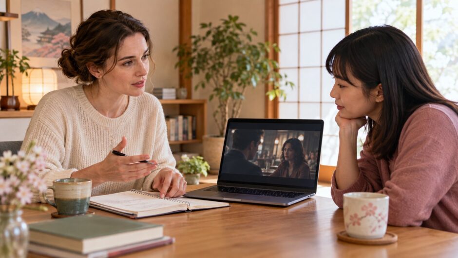 English instructor discussing a movie scene with an adult learner