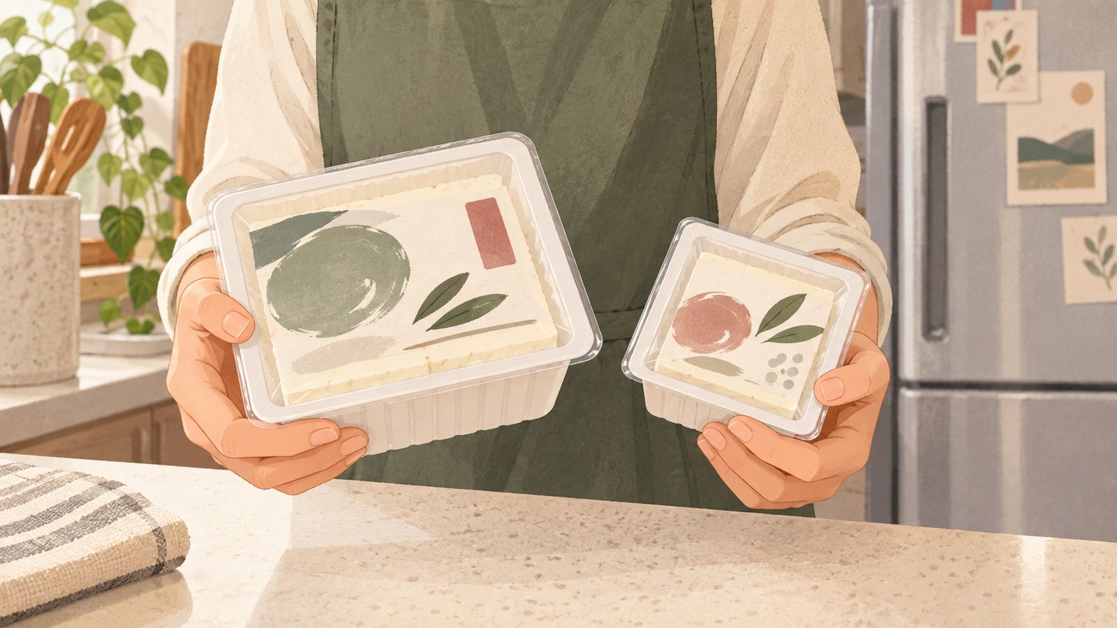 A resident comparing a large tofu pack with a small portion pack at home