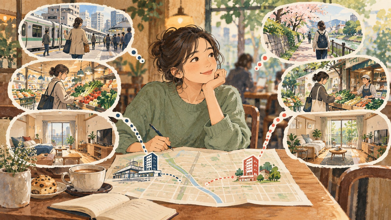 Illustration of comparing Tokyo apartment locations, commute routes, shops and rooms