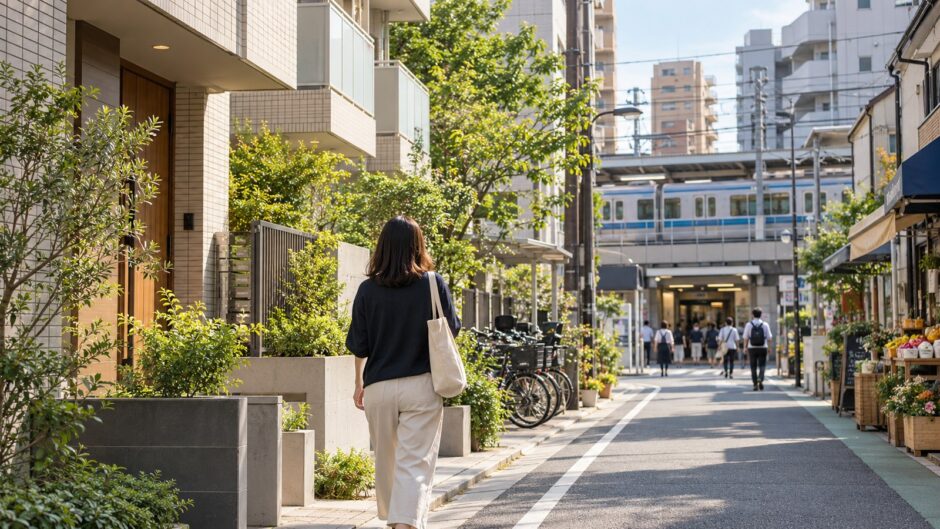 Resident walking along a Tokyo neighborhood street near a train station and apartments