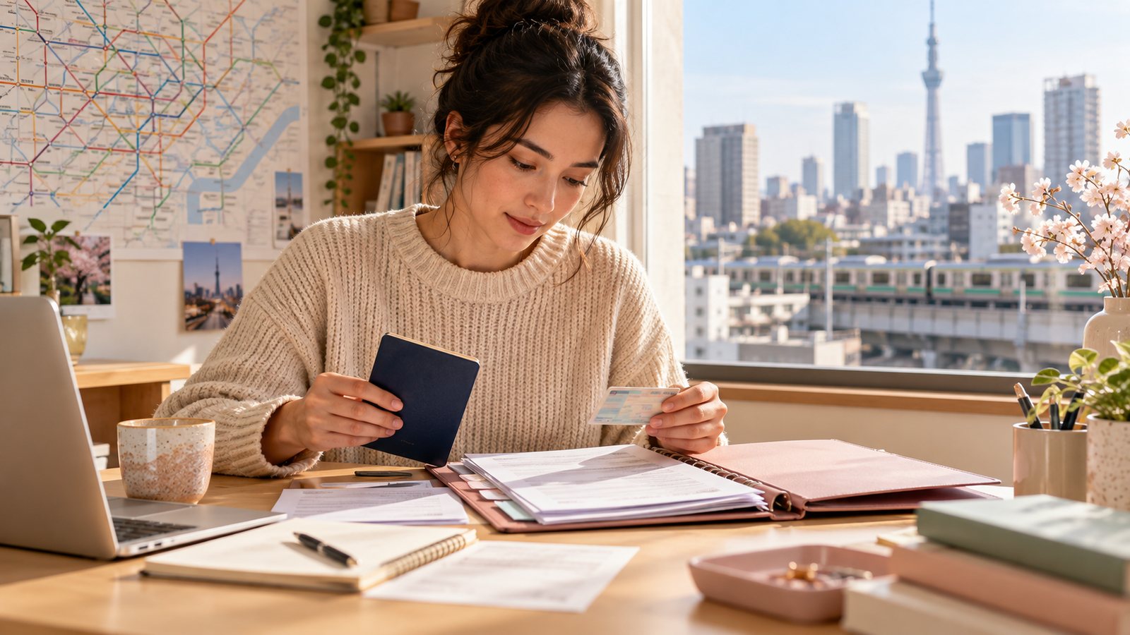 Resident organizing passport, residence card and forms before visiting Tokyo immigration