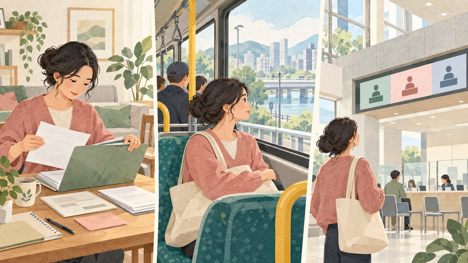 Illustration of preparing documents, traveling to the office and checking the correct application counter