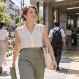 English teacher carrying water while walking to a Tokyo station on a summer day