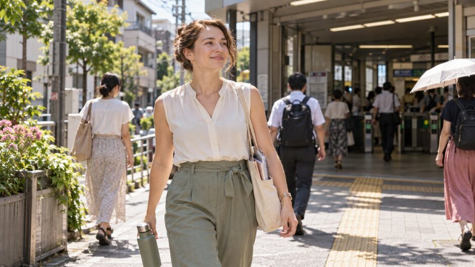 English teacher carrying water while walking to a Tokyo station on a summer day