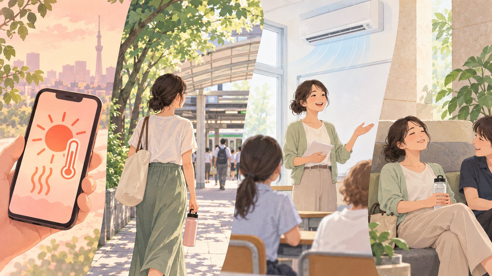 Illustration of checking heat information, taking a shaded route, teaching in a cooled room, and resting