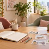 Illustrative one-to-one lesson setting with notebook and conversation cards; not an actual b classroom