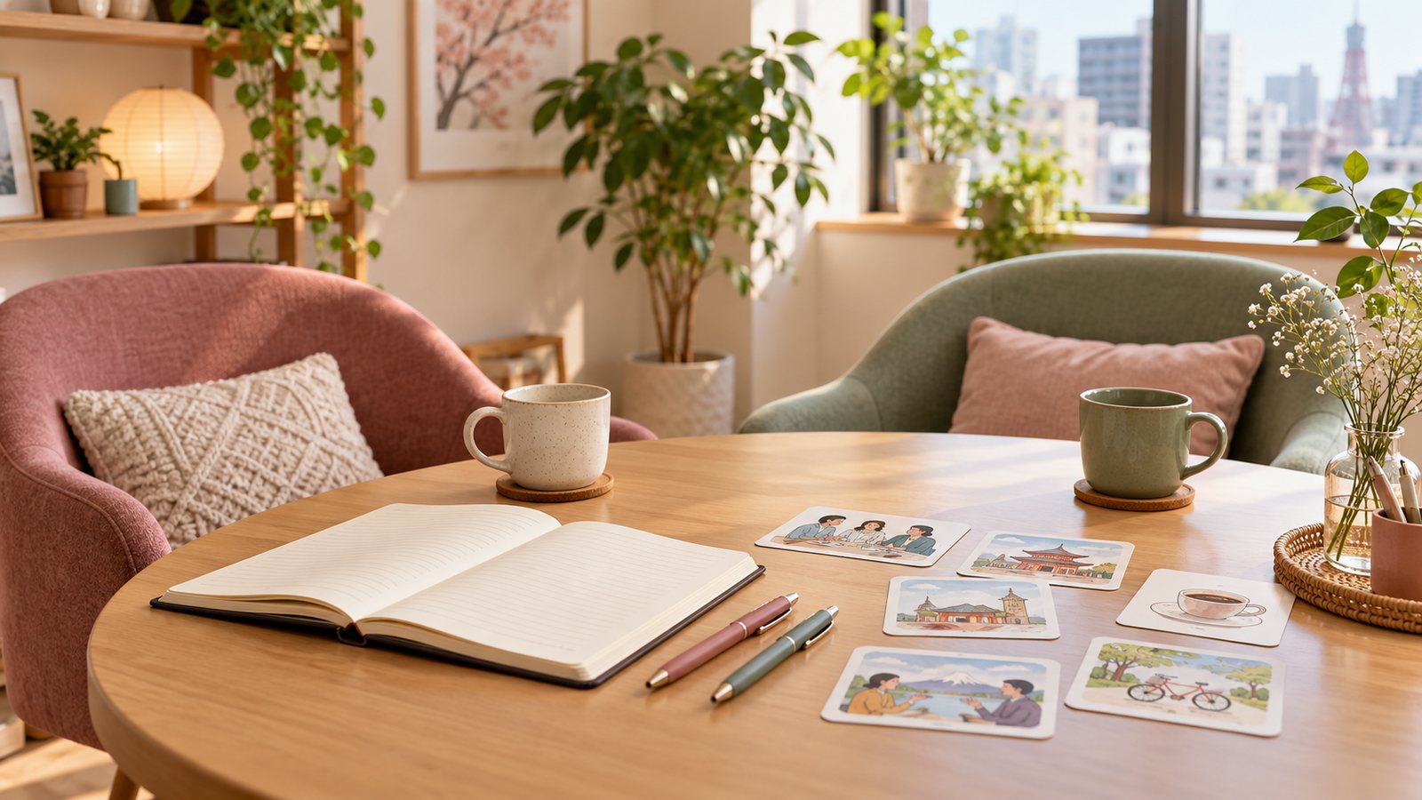 Illustrative one-to-one lesson setting with notebook and conversation cards; not an actual b classroom