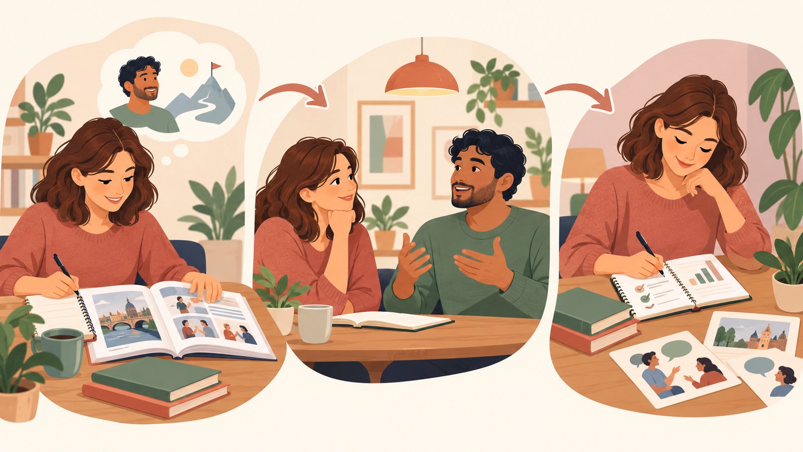 Conceptual illustration of planning, teaching and reviewing a one-to-one adult English lesson