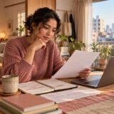 Resident reading employment paperwork and planning a work schedule in a Tokyo apartment