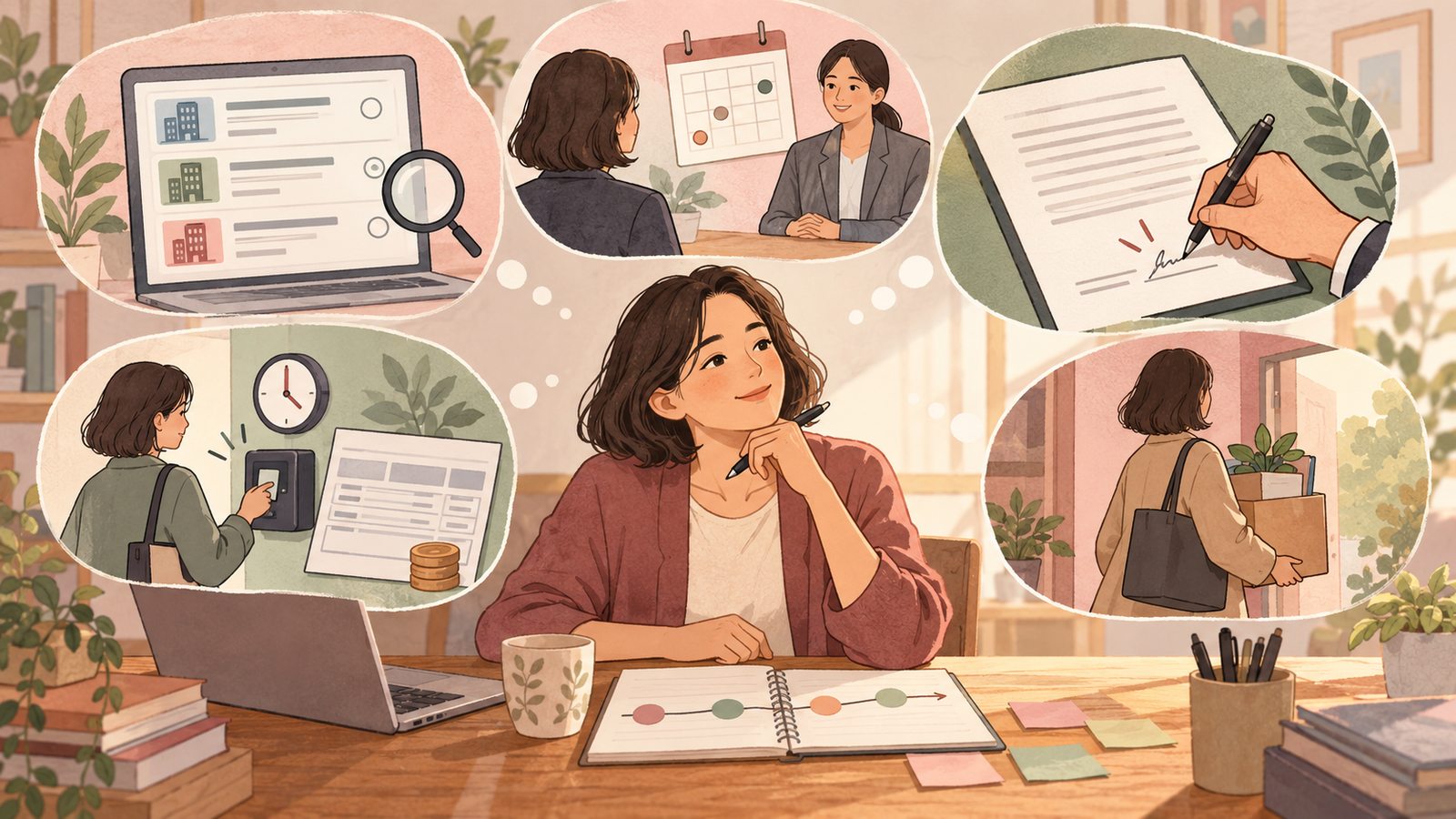 Illustration of a work journey from job listing and interview to conditions, payslip and leaving a role
