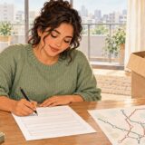 Employee filling out a workplace address change form after moving in Japan