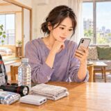 A woman checks a workplace safety message on her phone beside an emergency bag at home