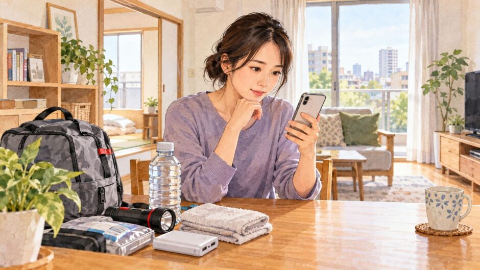 A woman checks a workplace safety message on her phone beside an emergency bag at home