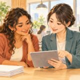 Two coworkers reviewing a circulated workplace notice together on a tablet