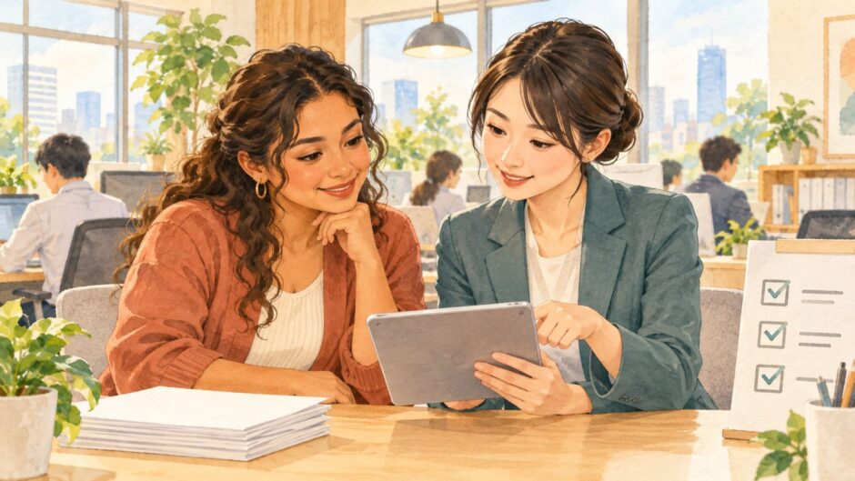 Two coworkers reviewing a circulated workplace notice together on a tablet