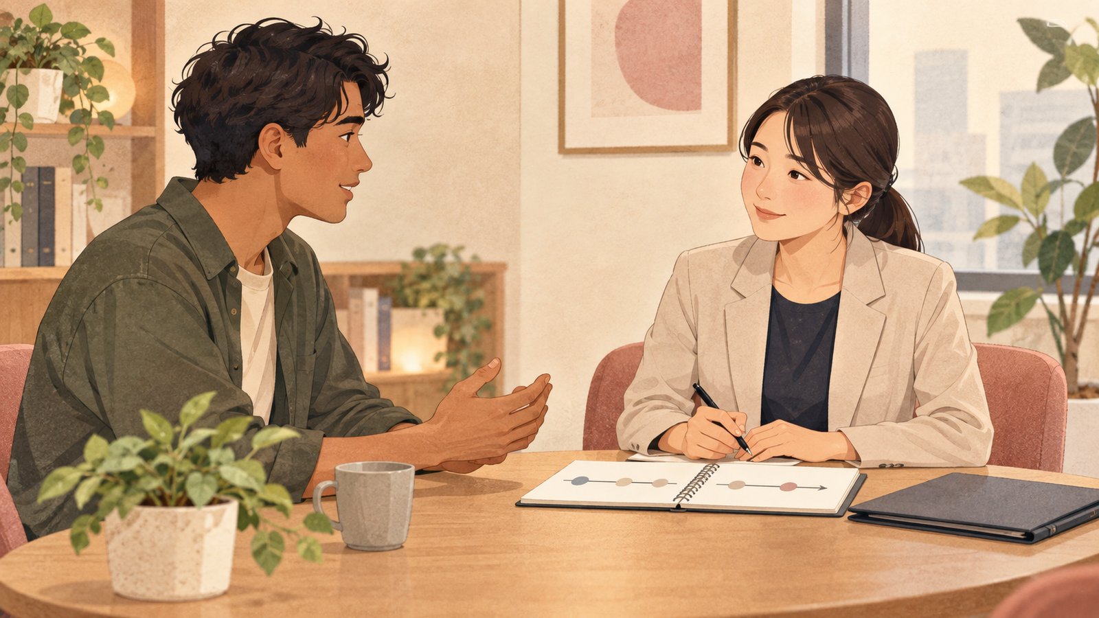 An employee speaking with a consultation desk staff member while reviewing a factual timeline in a private office setting