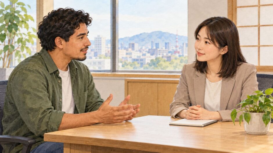 An employee talks privately with an HR staff member at a table in a Japanese office
