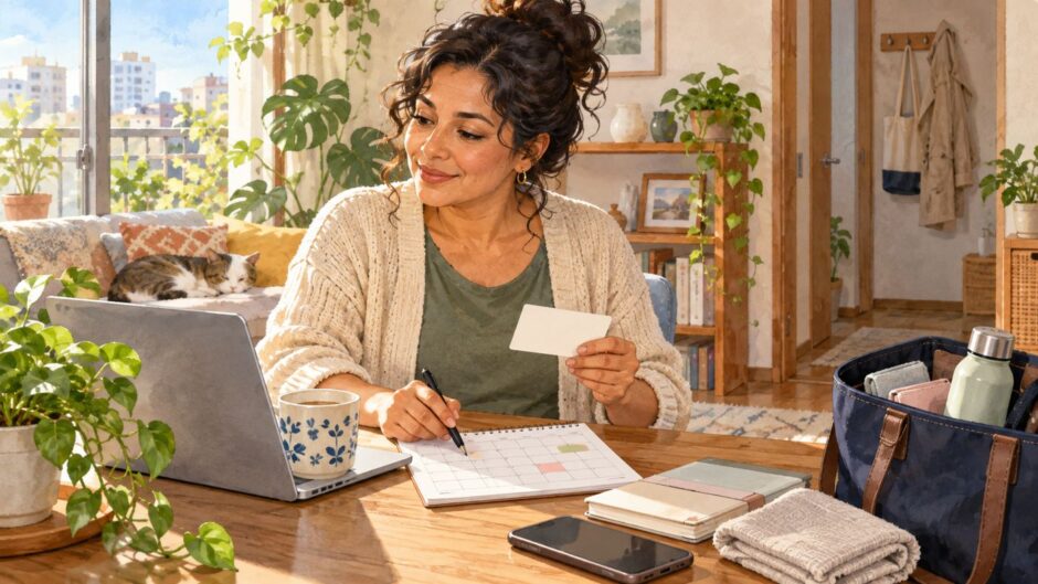Employee checking a workplace health check appointment at home in Japan