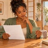 Employee reviewing a name change form and bank card at home in Japan