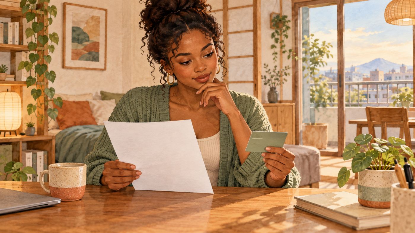 Employee reviewing a name change form and bank card at home in Japan