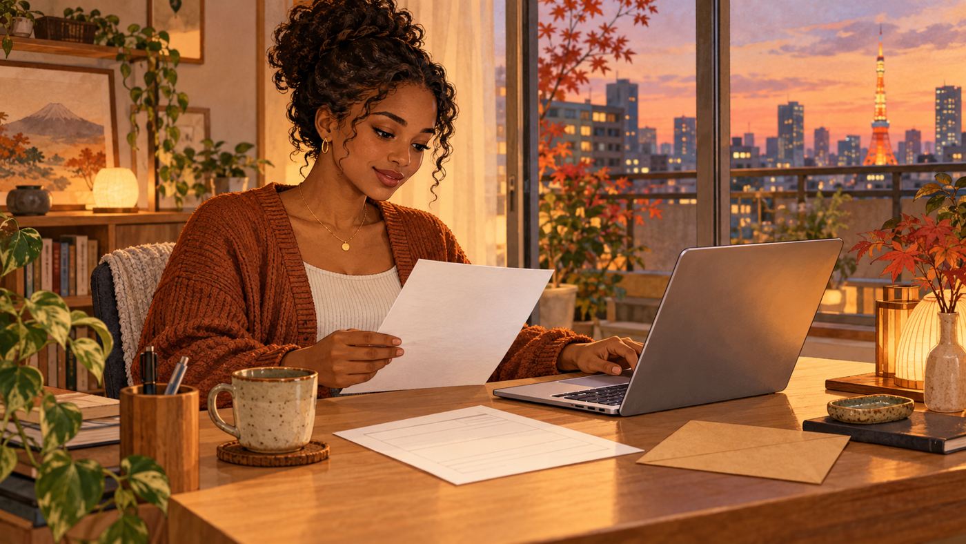 Employee reviewing year-end tax adjustment papers at home in Japan